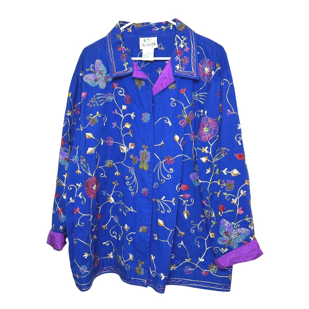 Vintage Quacker Factory Embroidered Beaded Butterfly Floral Blue shirt jacket 1X